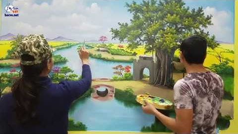 Vẽ tranh tường 3d phong cảnh đồng quê, Mỹ Thuật Việt chuyên thi công và dạy vẽ tranh tường.