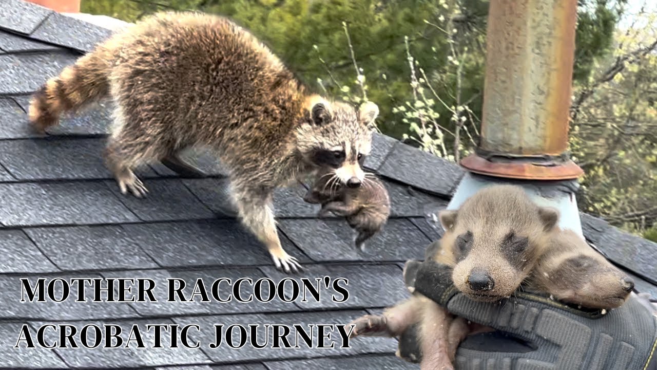 Scaling Heights: Incredible Footage of a Mother Raccoon's Acrobatic Journey with Her Baby!