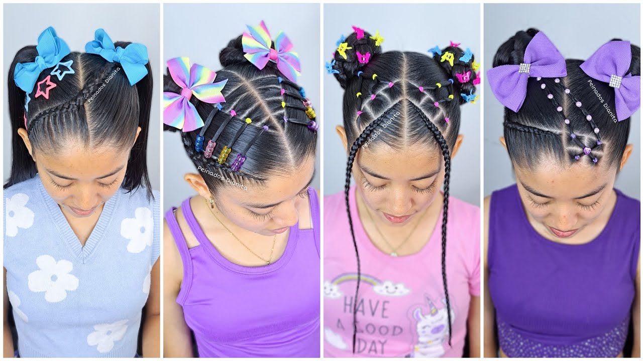 Peinados para niñas 🌈💜✨ | ideas de peinados con ligas y trenzas 🔥
