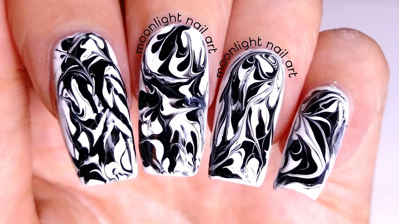 Black and White Drag Marble Nail Art Design Tutorial – by Moonlight Nail Art