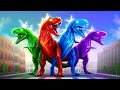 Jurassic war epic battle of 4 color super dinosaurs in the city dinosaur fights jurassic cartoons
