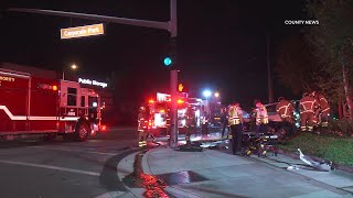 Firefighters Free Victims Trapped In Car After Crash Into Pole | Irvine, CA