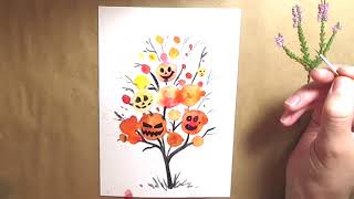 Акварельный рисунок к Хэллоуину. Осеннее дерево с Тыквами 🙂
