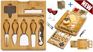 Bamboo Cheese Board with Two Ceramic Bowls Two Magnet Drawers Serving Platter & Cutlery Knife Set