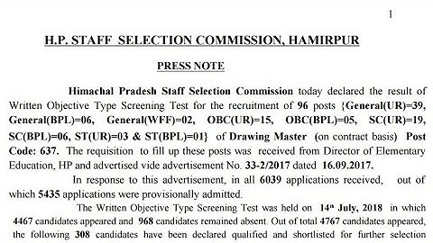 Hpssc Drawing Master Post Code 637 Result Out !!!!!!!!