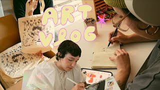 art vlog 🎧 new tote bags, getting through tax season, midterms and sketching :3