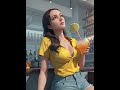 А woman in a yellow shirt is holding a drink
