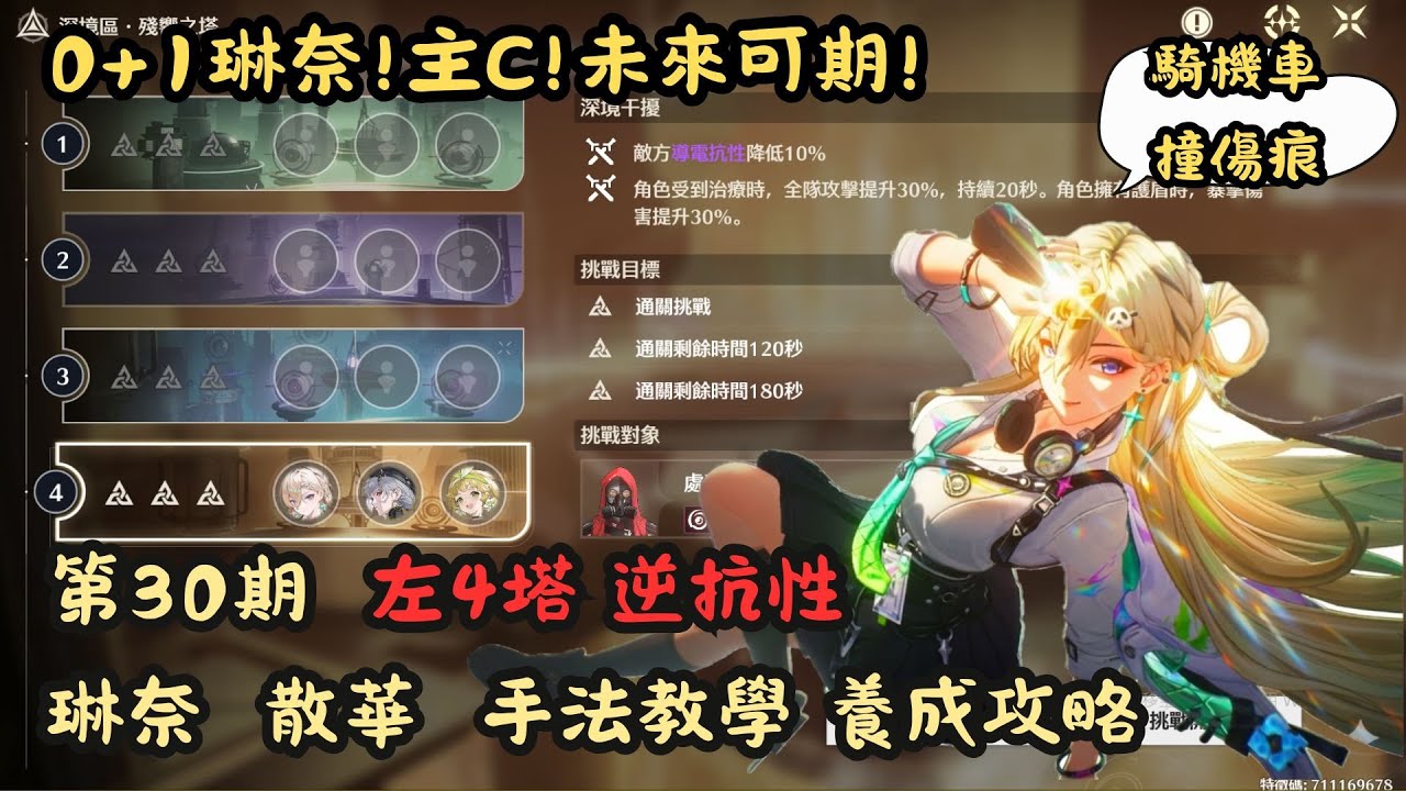 【鳴潮】琳奈 深塔初登場｜0+1琳奈｜左4塔逆抗性通關｜手法教學｜養成攻略｜第30期深塔 ｜CC字幕附
