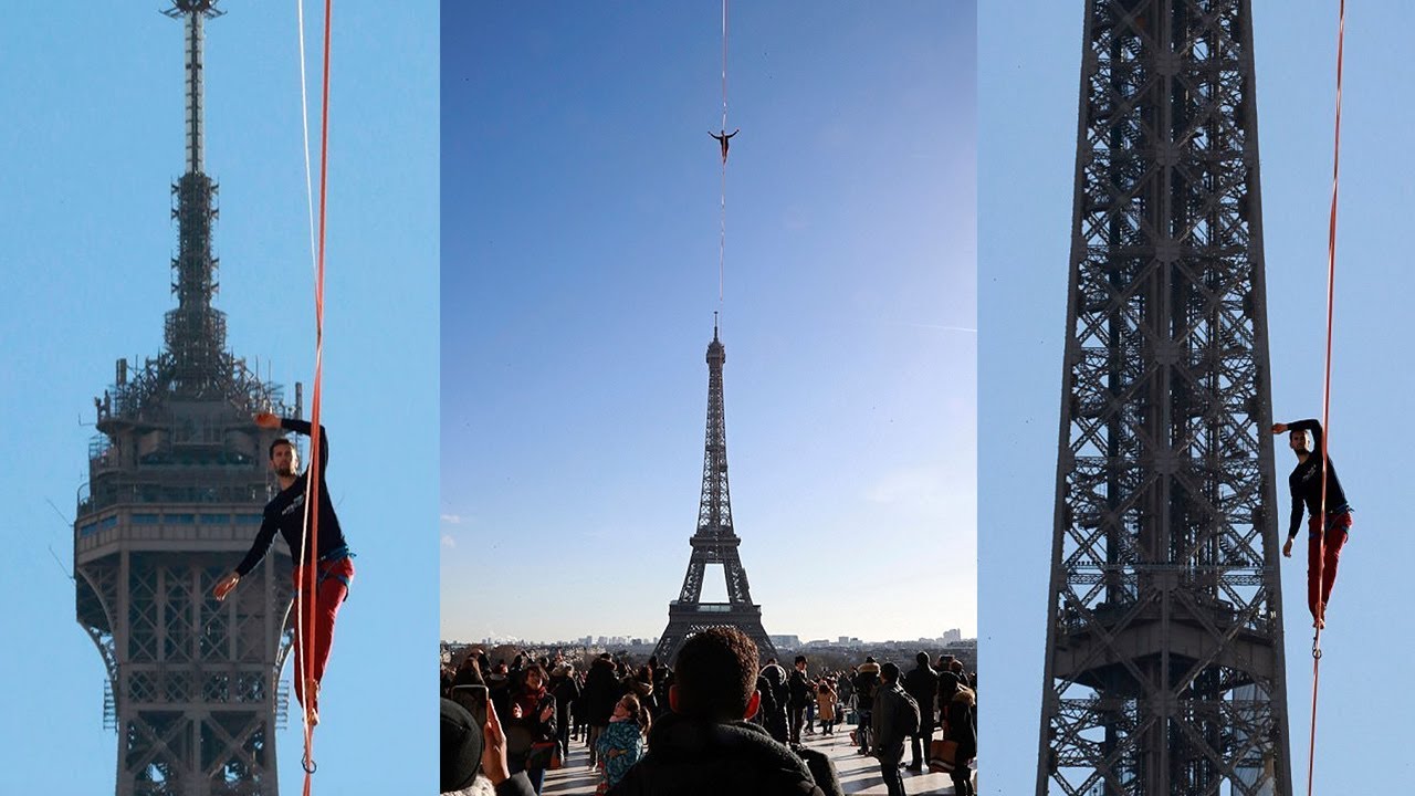 Daring slackliner walks from Eiffel Tower
