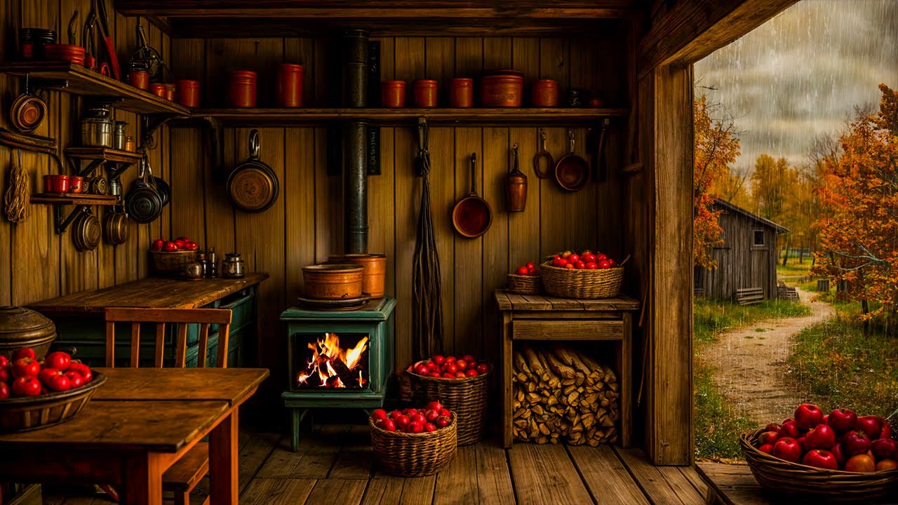 Cozy Grandma's Country Kitchen Farm Sounds on Rainy day🥞ASMR Ambience (Rain, Sizzling, Crackling...)