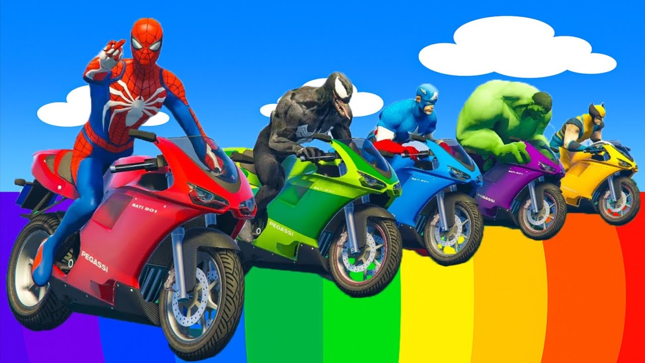 الأبطال الخارقين على القضبان دوامة قمع جسر 🕷️🏍️ RAINBOW SPIDER MAN! on Motorcycle in Spiral Bridge