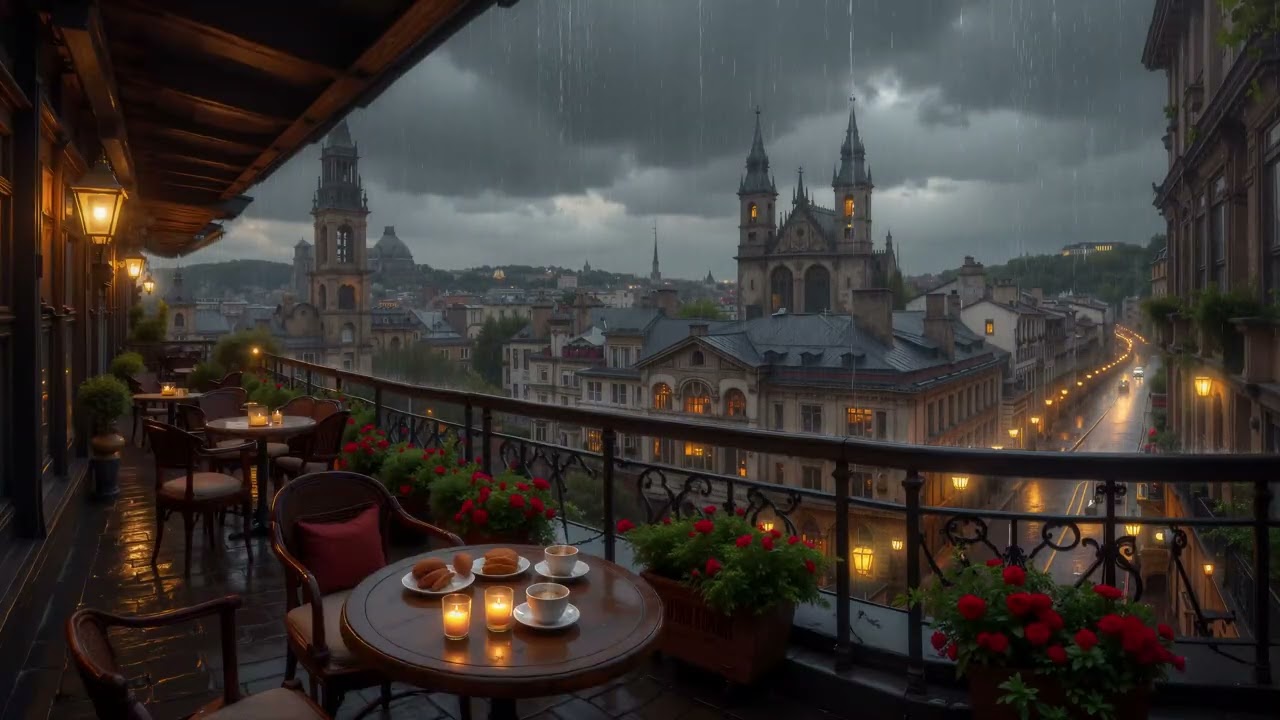 Night Jazz by The Balcony at Vintage Village | Soft Jazz with Rain Sounds for Focus & Relaxation