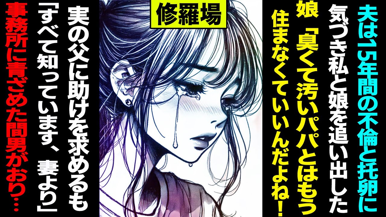【漫画】夫は15年間の不倫と托卵に気づき私と娘を追い出した→娘「臭くて汚いパパとはもう住まなくていいんだよね！」→実の父に助けを求めるも「すべて知っています、妻より」→事務所に青ざめた間男がおり...