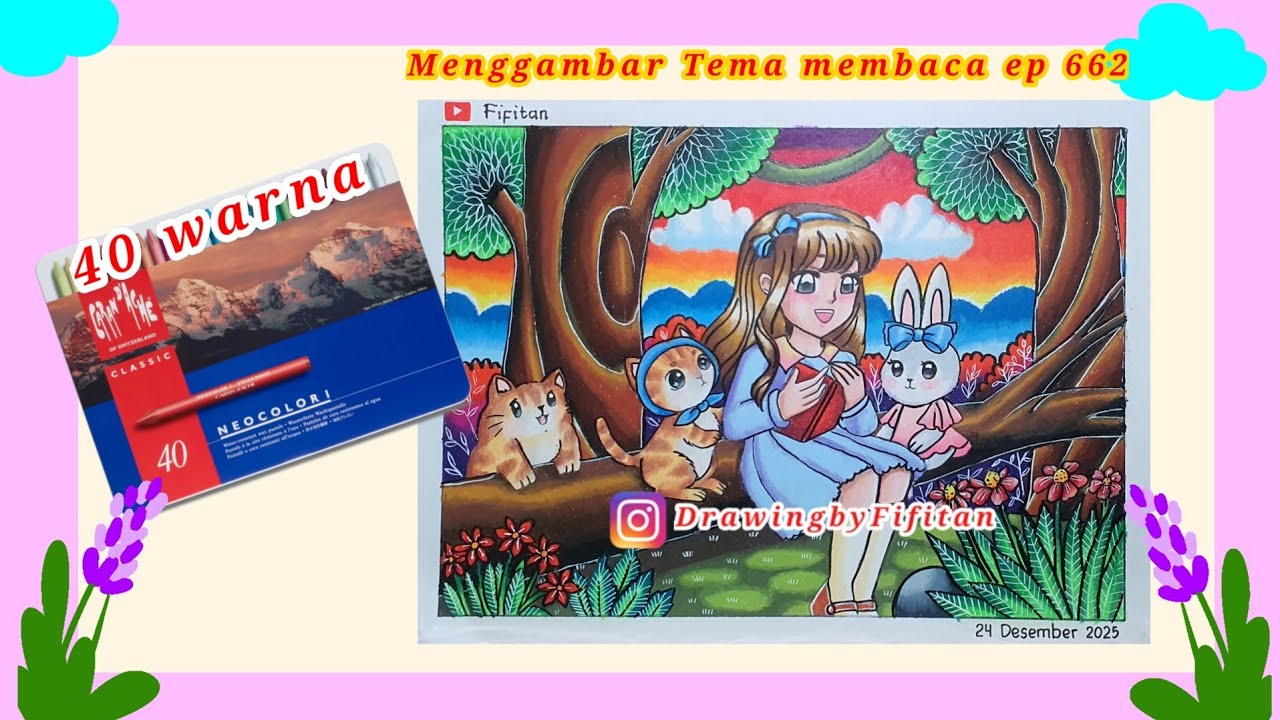 Menggambar Cewek membaca buku di hutan ep 662
