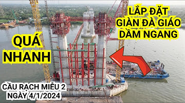 Toàn cảnh Cầu Rạch Miễu 2 chiều 4/1/2024 lắp đặt giàn đà giáo dầm ngang trụ P20 phía cồn Thới Sơn