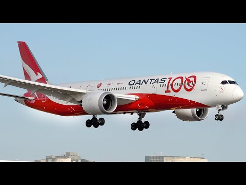 Qantas 787-9 Dreamliner in 100 Years Special livery approach LAX Airport | Aviation Action