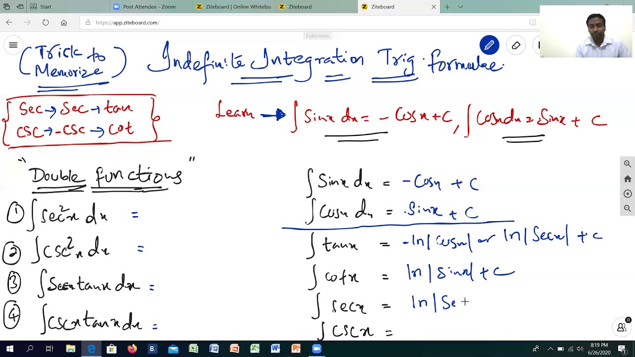 Indefinite Integration trig function formulae YouTube