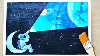 Spaceman looking for earth｜acrylic painting on canvas step by
step｜satisfying masking tape asmr