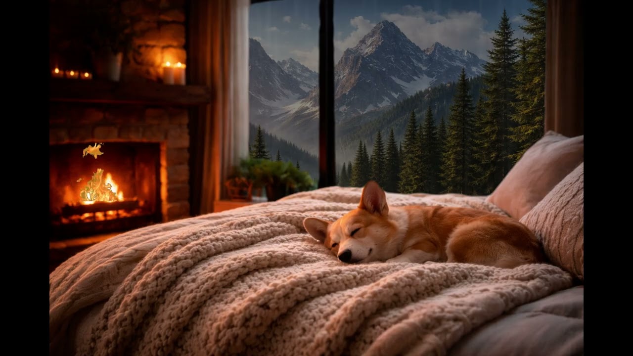 Peaceful Corgi Sleeping by the Fireplace | Cozy Rain, Forest & Mountain Ambience