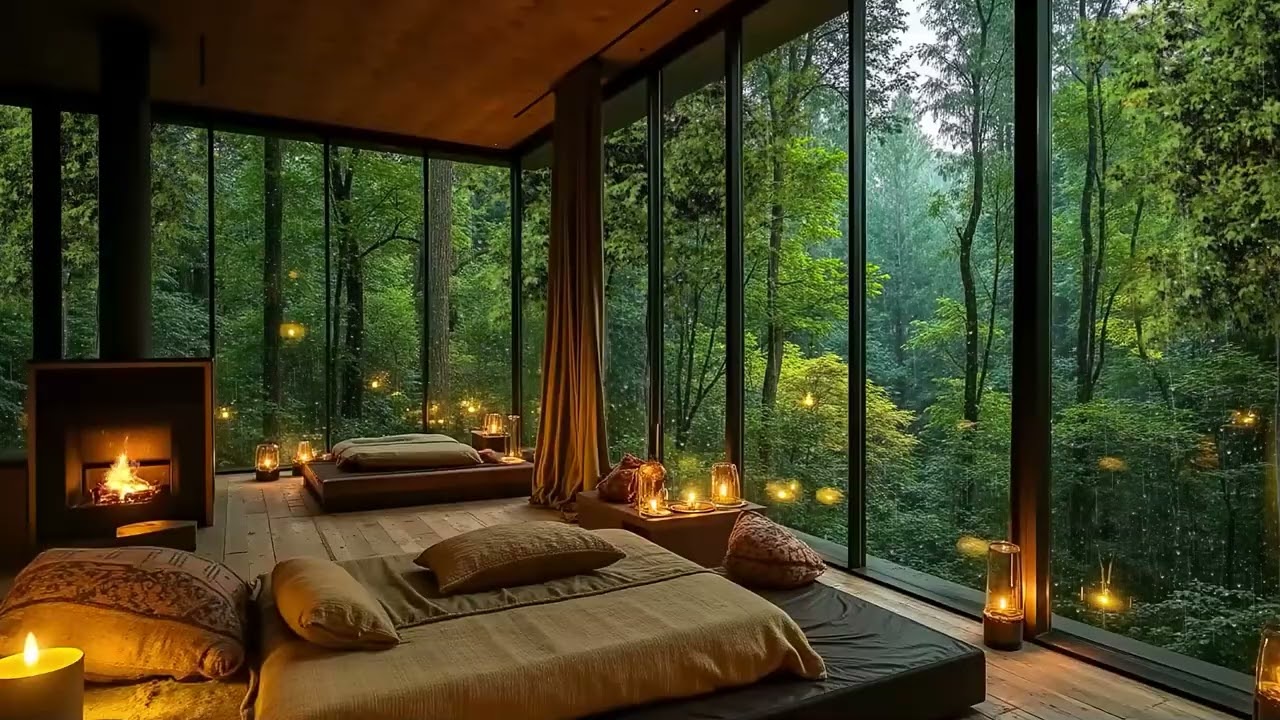 Gentle Rain on Cozy Cabin Ambience 🌧️ Fireplace Glow & Calming Nature Sounds to Unwind