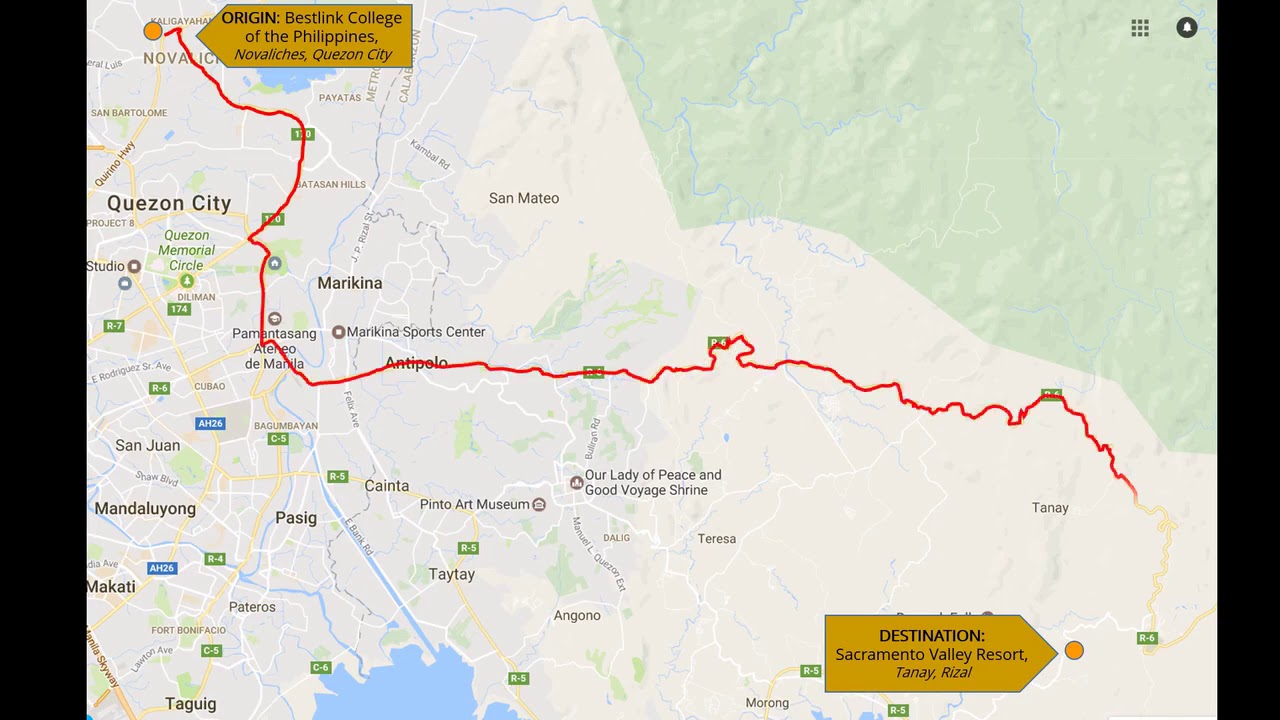 Route followed by Panda Bus from Beslink College of the Philippines to Sacramento Valley Resort
