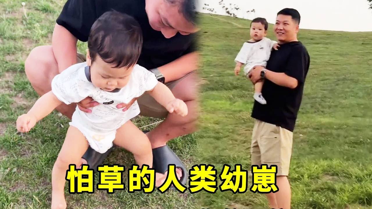 带儿子踩草地，害怕的样子太搞笑了 #人类高质量暑假 #爸爸带娃 #萌娃日常