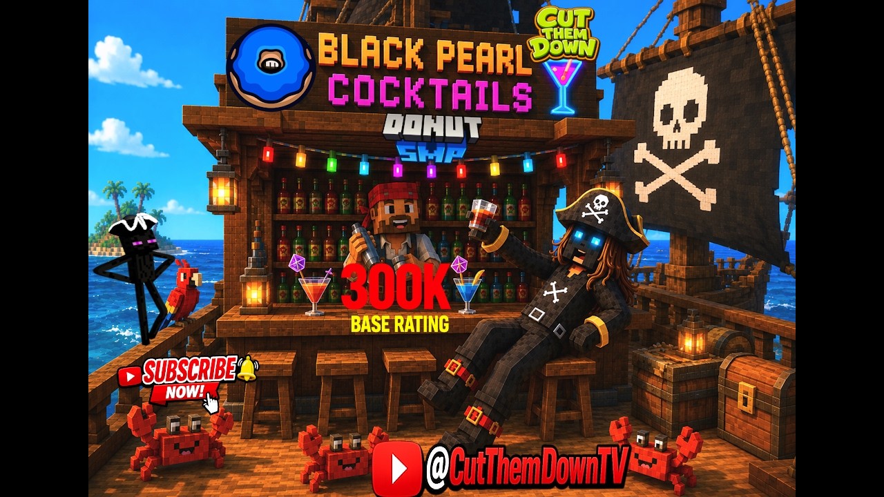 Cut Them Down's Minecraft pirate character in a colourful pirate-themed video thumbnail