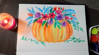 Pumpkin & flowers watercolor painting | Aquarelle Fall autumn season watercolor art cards