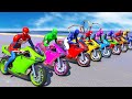 Team spiderman racing motorbikes challenge on sea ramp spiderman army cars new stunt racing  gta 5