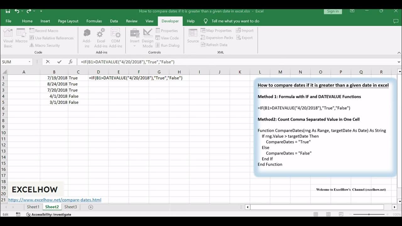 How to compare dates if it is greater than a given date in excel youtube