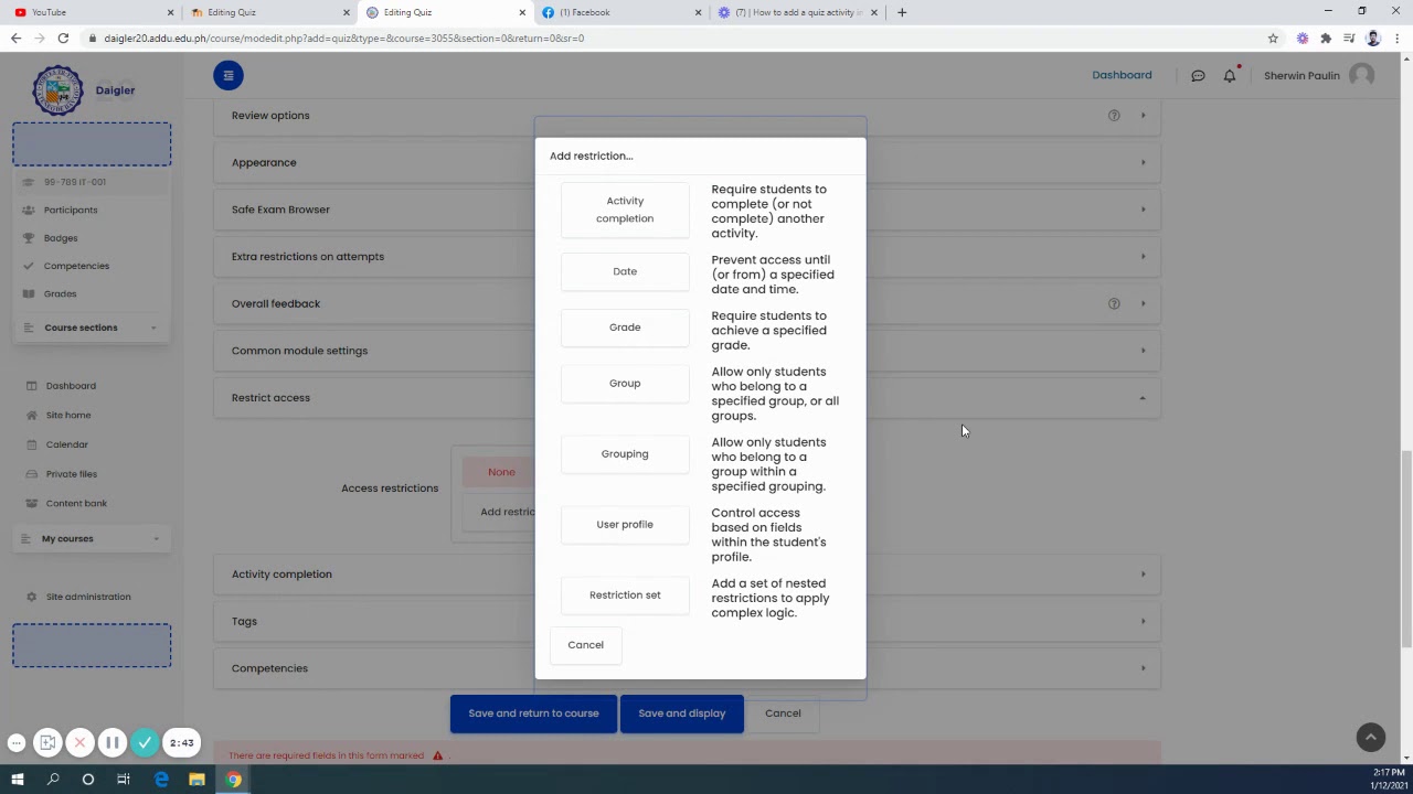 How to add a quiz activity in Moodle (Daigler20) - YouTube