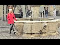 4k Granate Travelling sightseeing historic #Bern, #Switzerland, short coat, thigh high boots