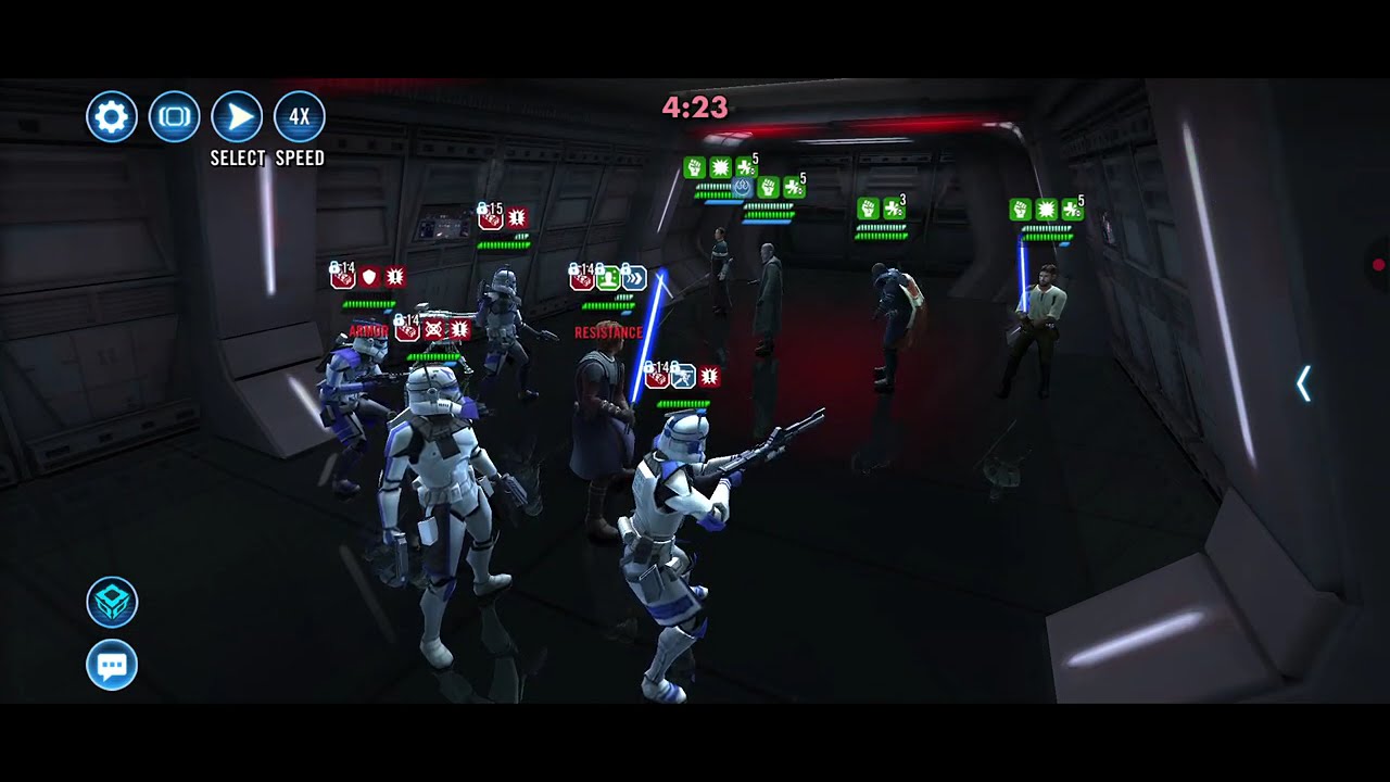 GAS-501st (15% HP) vs. Saw/Luthen/KK/Baze/Chirrut (L9 Saw, 15% HP, 10% dmg): 57 banners