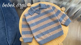 Polo Yaka Çizgili Bebek Örgü Kazak Yapımı