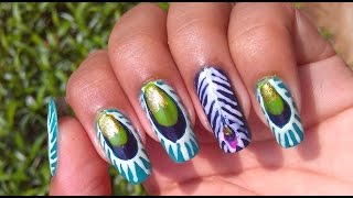 feather peacock nail nails tutorial