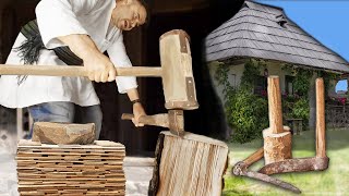 Splitting Roof Shingles From a Log and Installing Them On a Roof With Hand Tools