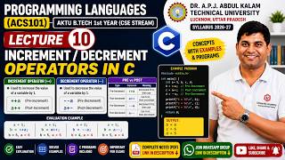 Programming Languages AKTU | Increment (++) & Decrement (--) Operators in C | Lecture 10 | ACS101