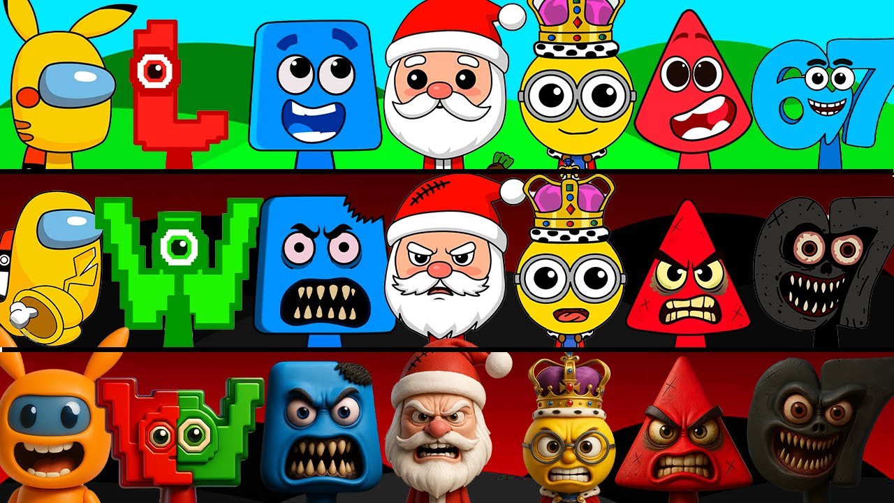 Incredibox Sprunki OC Phase 1 to Phase 3 Santa Claus, 67, Among Us Pikachu, Red(Colourblocks),W or L