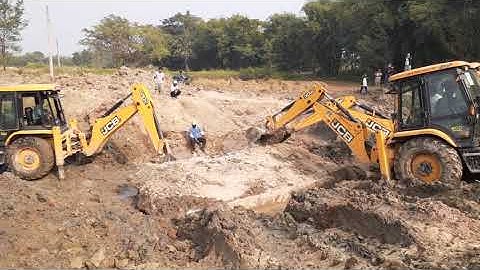 Three JCB Backhoe Machine Break Old Concrete Culvert For New Bridge Construction ( part 2)