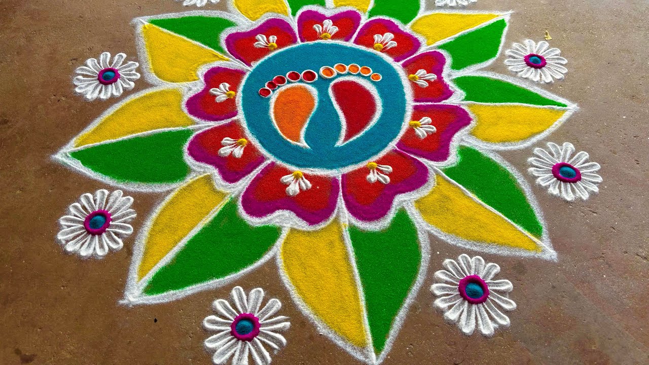 Muggulu designs with colours | Easy and beautiful Kolam rangoli designs with dot |