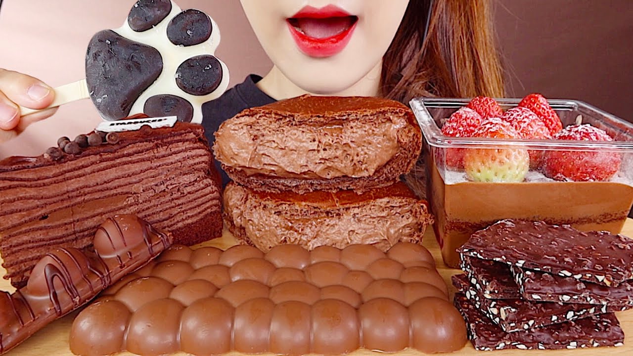 ASMR CHOCOLATE DESSERTS MUKBANG CREPE CAKE, CREAM BREAD 초콜릿 디저트 먹방 케이크, 크림빵 eating sounds