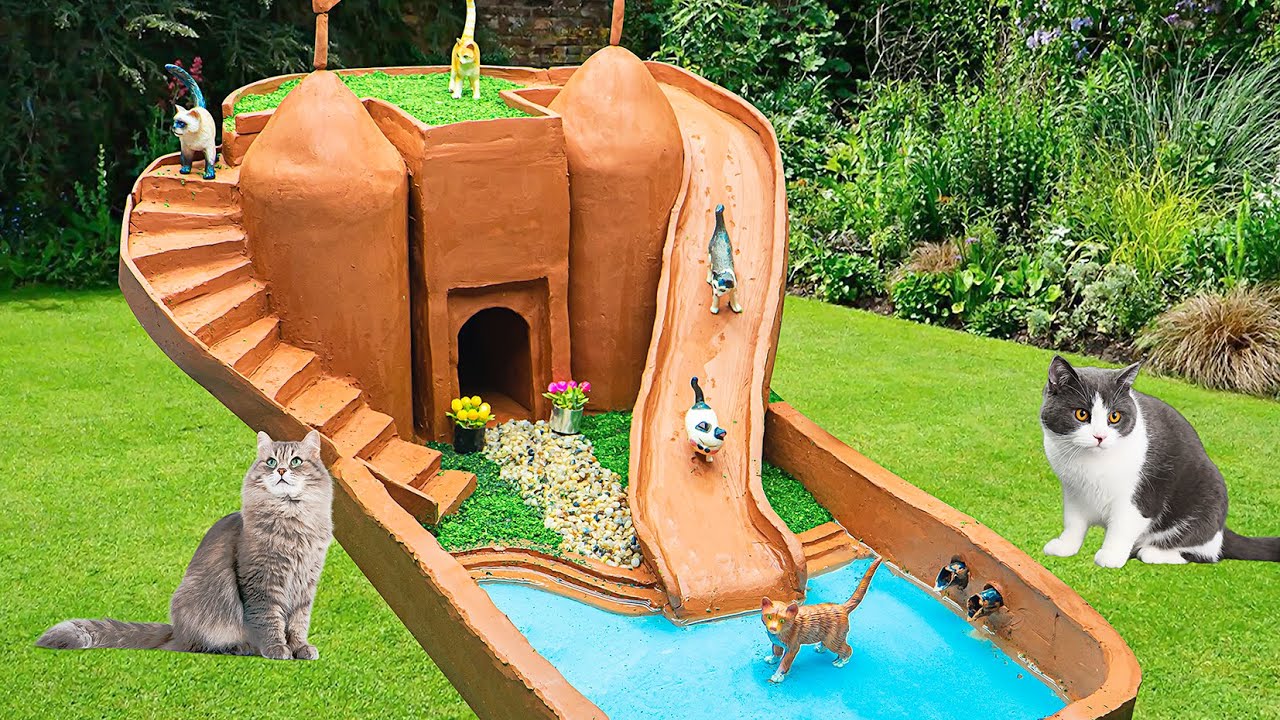 I Spent 24h Designing, building a Water Slide Park and Swimming Pool for Cats All so Satisfied