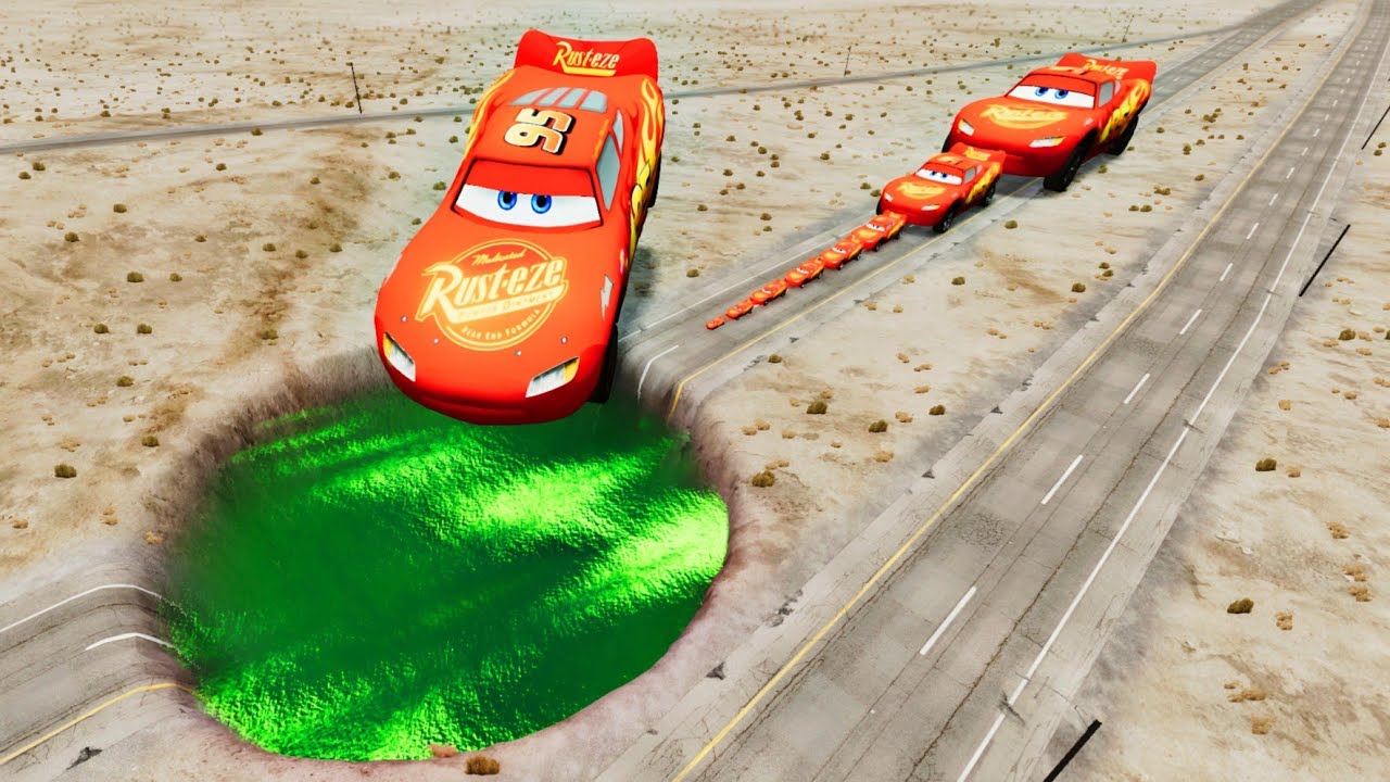 Big & Small McQueen with Monster Lots Wheels VS Giant Pit crash challenge – BeamNG.drive