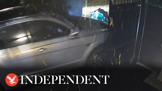 Moment car thief smashes keyless vehicle through gate after ‘hacking’ into it