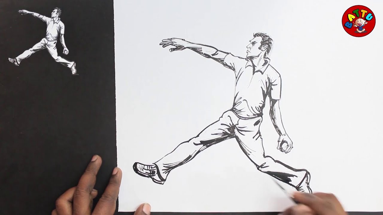 How to draw cricket bowler bowling the ball sports player drawing