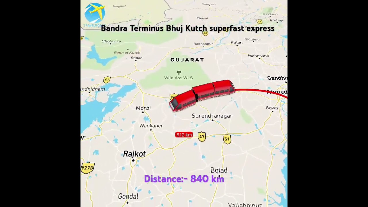 Bandra Terminus Bhuj kutch superfast express track route animation