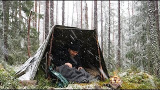 Bushcraft Winter Overnight - Canvas Poncho Shelter In Windy Snowy Conditions