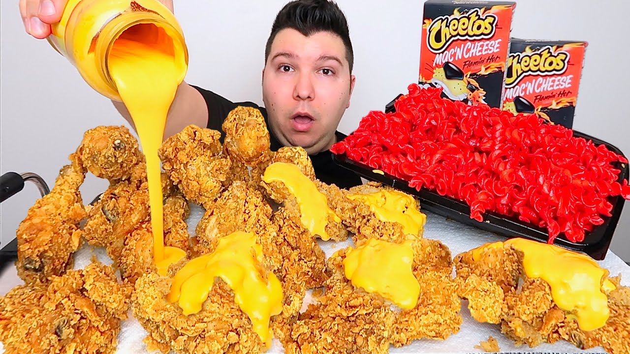 Cheesy Cheetos Cheese Sauce With Cheesy KFC Fried Chicken • MUKBANG