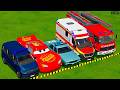 VOLKSWAGEN, MCQUEEN, FORD POLICE CARS &amp; MERCEDES FIRE TRUCK VEHICLES TRANSPORTING ! FS22