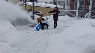 Снегоуборщик и мотоблок Нева по твердому, слежавшемуся снегу.